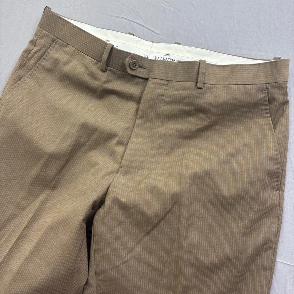 Gino Valentino Mens Brown Pinstripe Dress Pants Cuffed Flat Front Trousers 36R